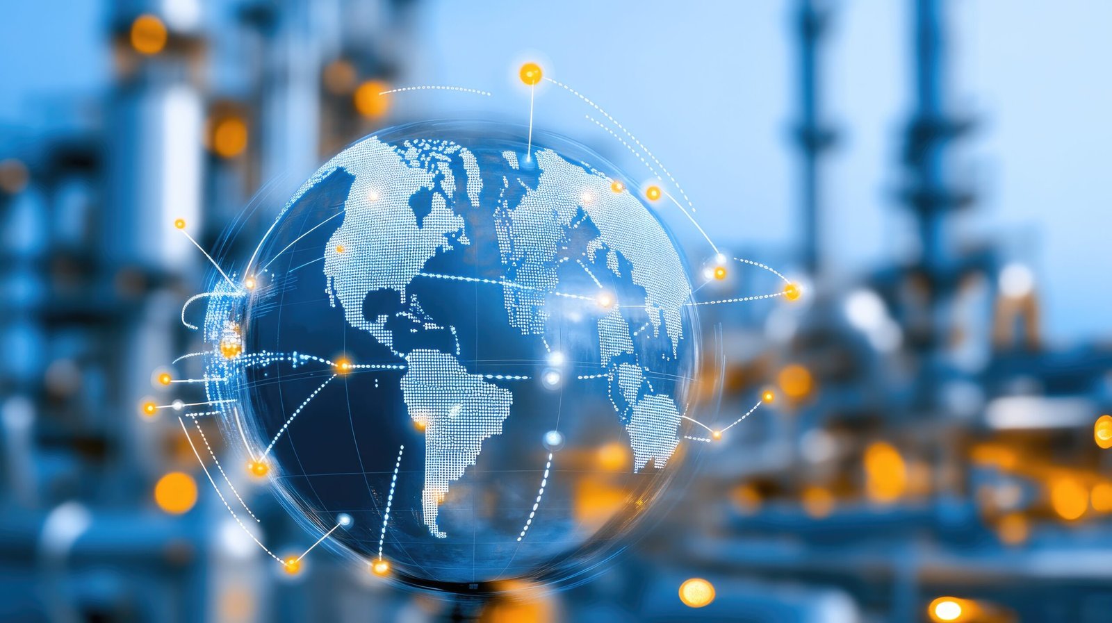 Abstract map of the world with a globe and global network, digital data transfer concept on a blue background with a factory plant in the steel industry for a business design template, vector illustration. Stock photo contest winner, vector art, detailed photo, high-quality stock. --chaos 30 --ar 16:9 --personalize zzlv379 --stylize 500 --v 6.1 Job ID: 1ac34c45-c6d2-425d-941b-d203acd21c88